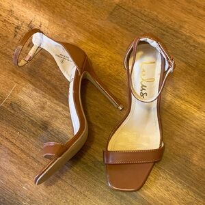 Lulu's Lynnie High Heels 6 Cognac Brown Square Toe Ankle Strap Stilettos Sandles